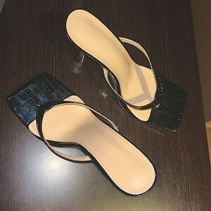 Women black heels flip flop heel with cushions. Fake crocodile skin